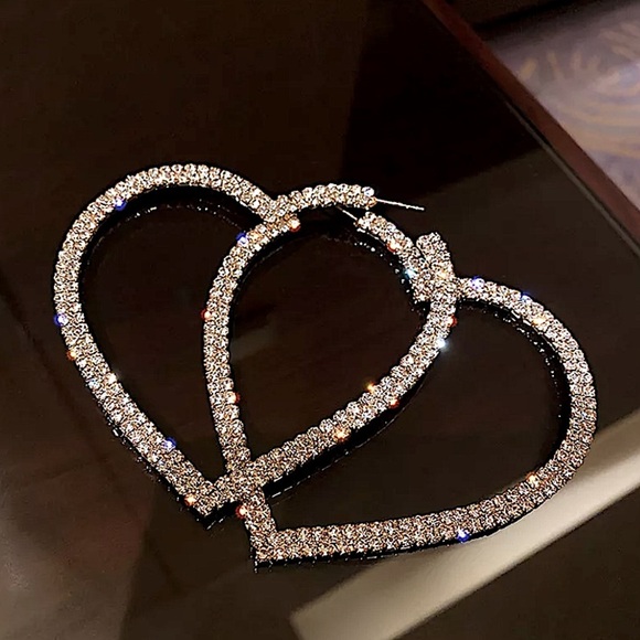 White Gold Plated Oversized Diamond Heart Hoop Earrings - Picture 13 of 14